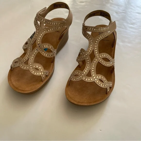 Daisy Fuentes Tan Rhinestone Crystal Embellished Strappy Wedge Sandals - Picture 2 of 10